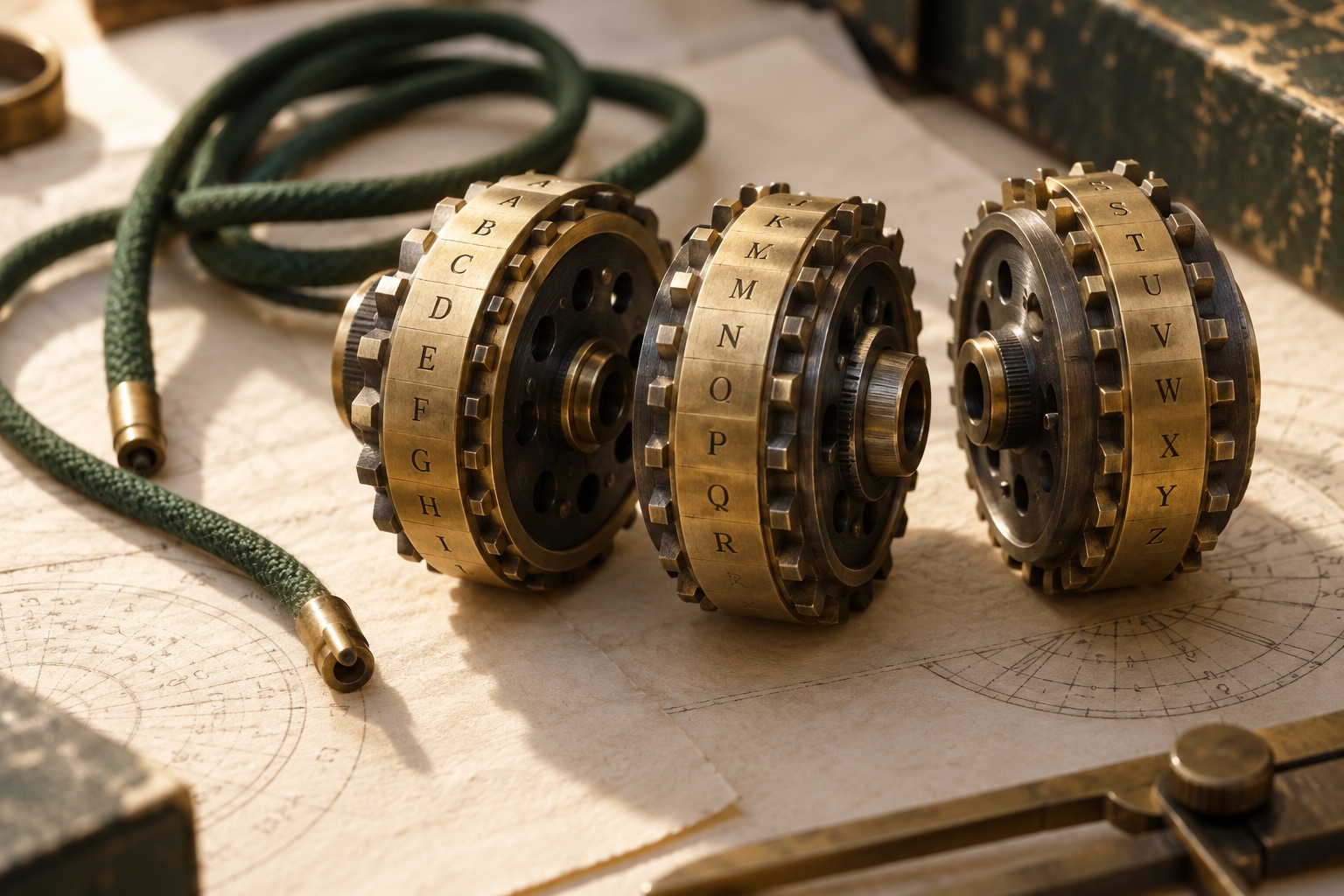 Conceptual brass cipher rotors on paper, representing a cryptographic investigation.