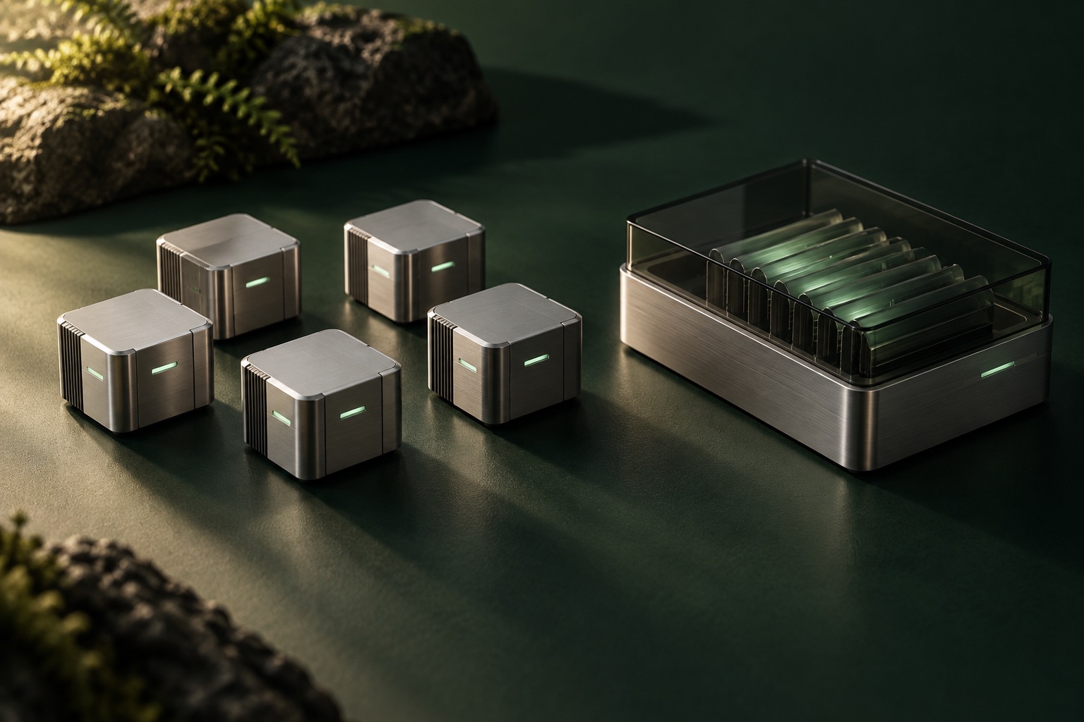 Conceptual modular compute blocks beside a separate archival storage unit on a dark green surface.