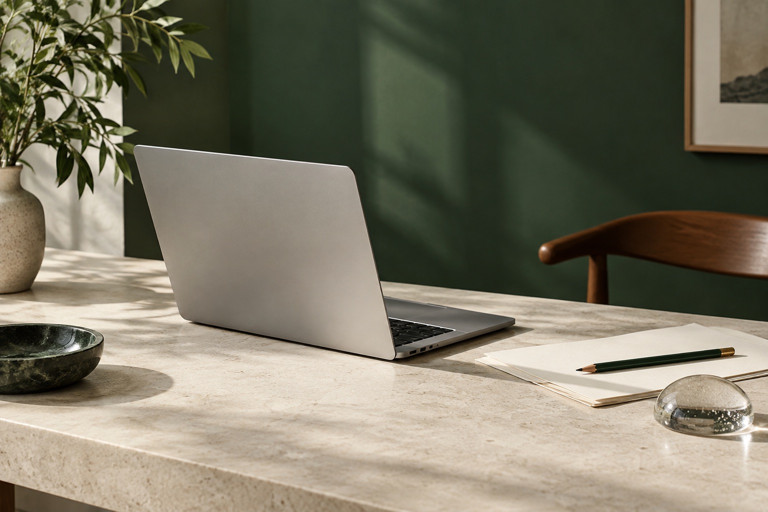 An unbranded laptop and notebook on a quiet stone desk, with a green pencil and soft morning light.